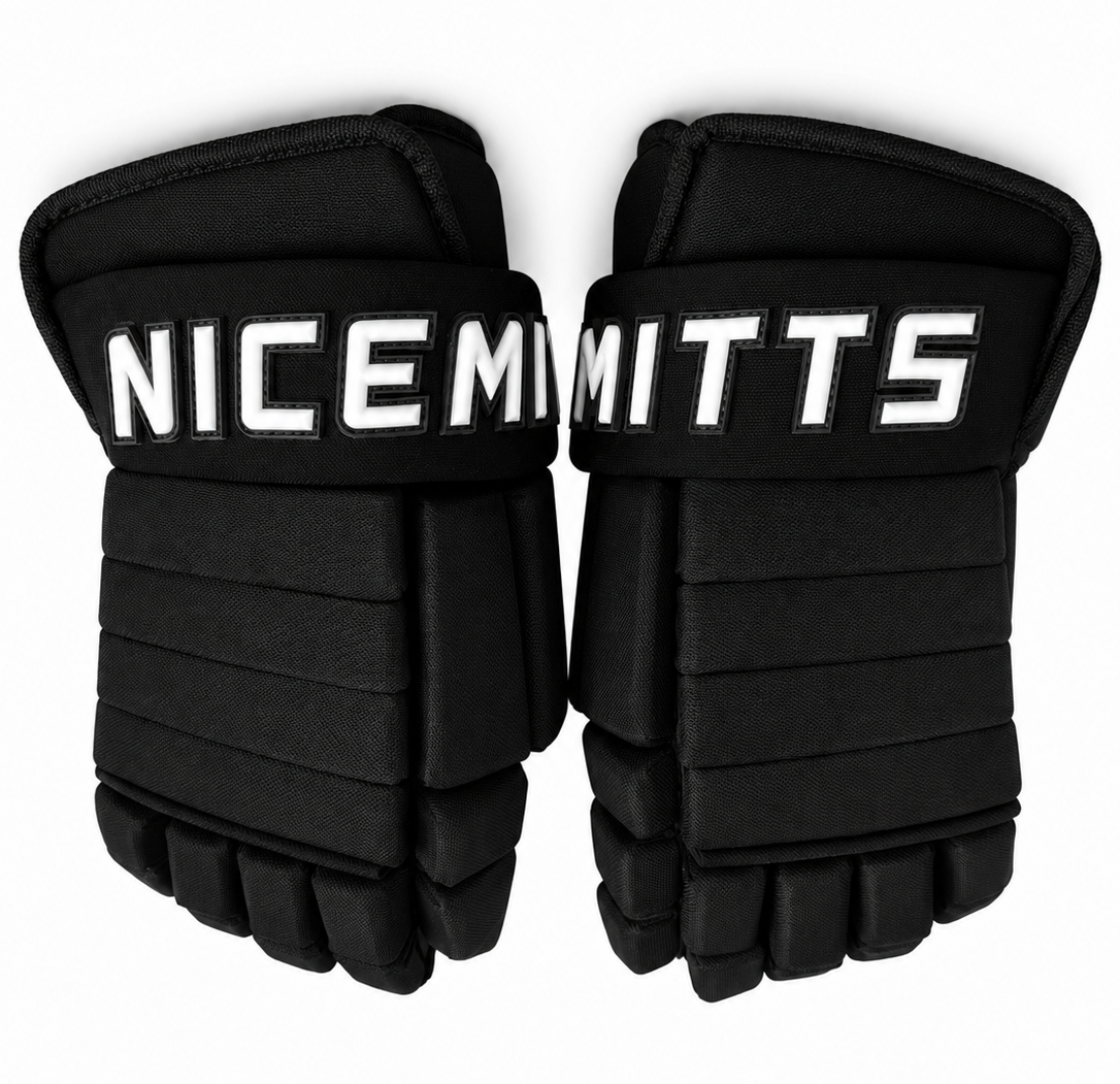 A pair of all black Classic 4 Roll Nicemitts hockey gloves with white logos on a white background.
