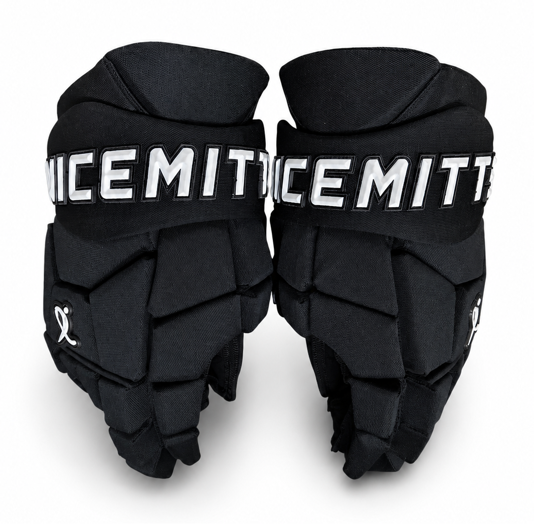 A pair of all black N Motion Nicemitts hockey gloves with white logos on a white background.