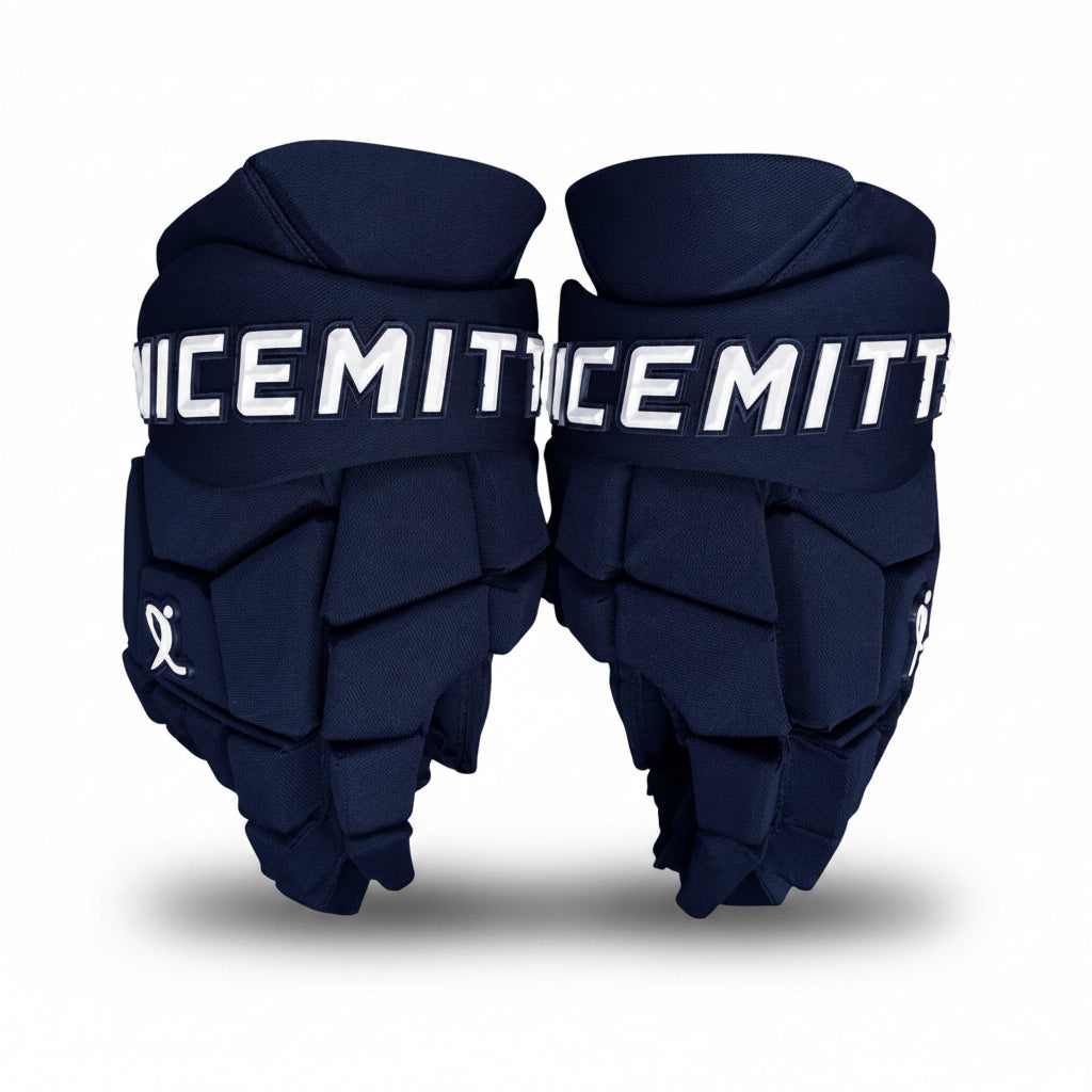 A pair of navy blue hockey gloves with white 'NICEMITTE' branding across the wrist area, shown against a plain white background.