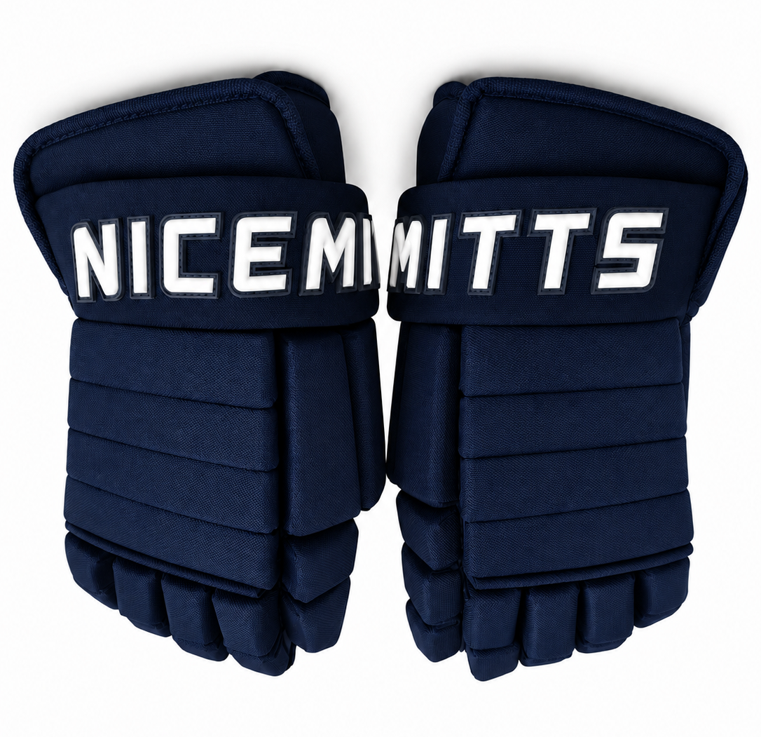 A pair of all navy Classic 4 Roll Nicemitts hockey gloves with white logos on a white background.