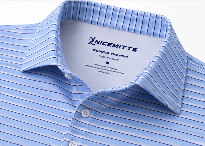 Close-up of a light blue and white striped dress shirt collar with the Nicemitts brand label visible inside the neck.
