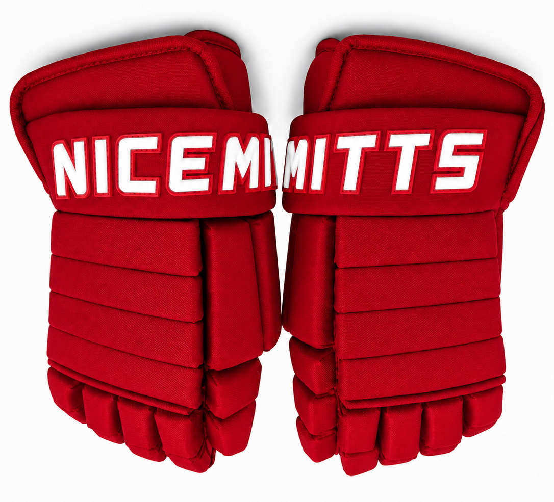 A pair of all red Classic 4 Roll Nicemitts hockey gloves with white logos on a white background. 