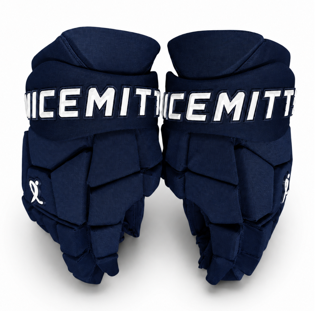 A pair of all Navy N Motion Nicemitts hockey gloves with white logos on a white background.