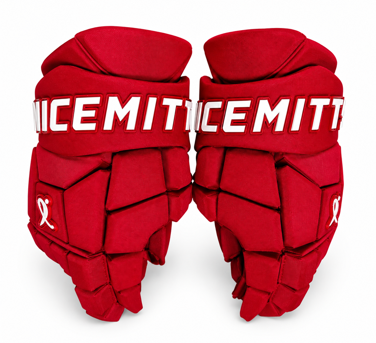A pair of all red N Motion Nicemitts hockey gloves with white logos on a white background.